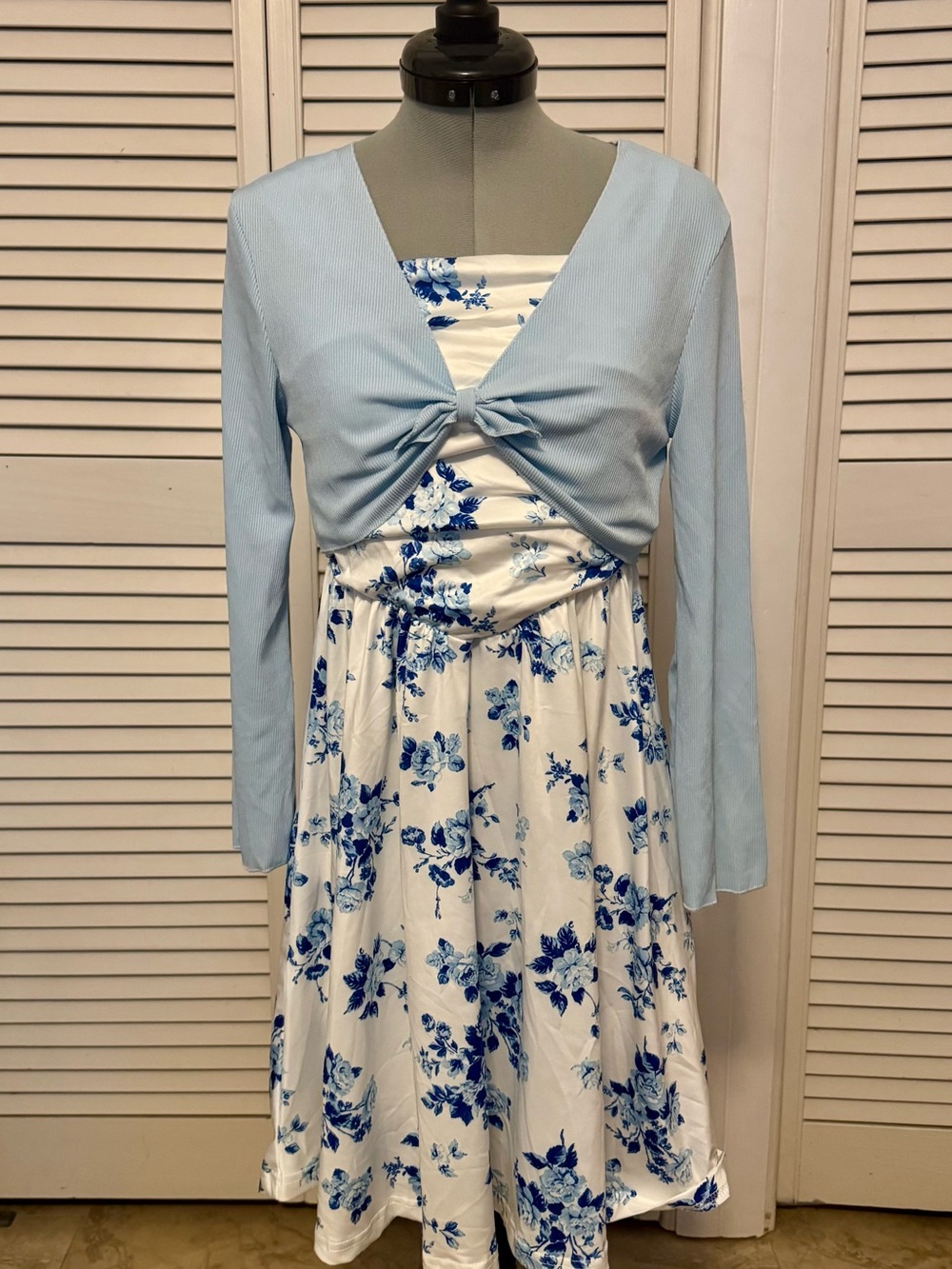 White & Blue Floral Midi Dress with Light Blue Tie Front Cardigan